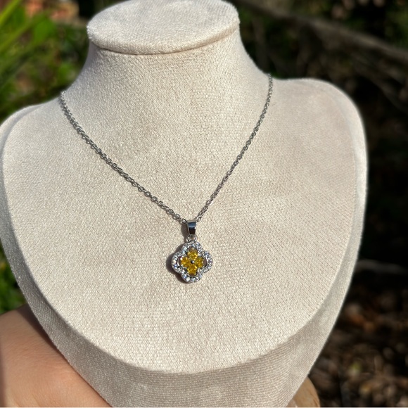 18K White Gold Plated Clover Yellow Canary Cubic Zirconia Necklace - Picture 2 of 4